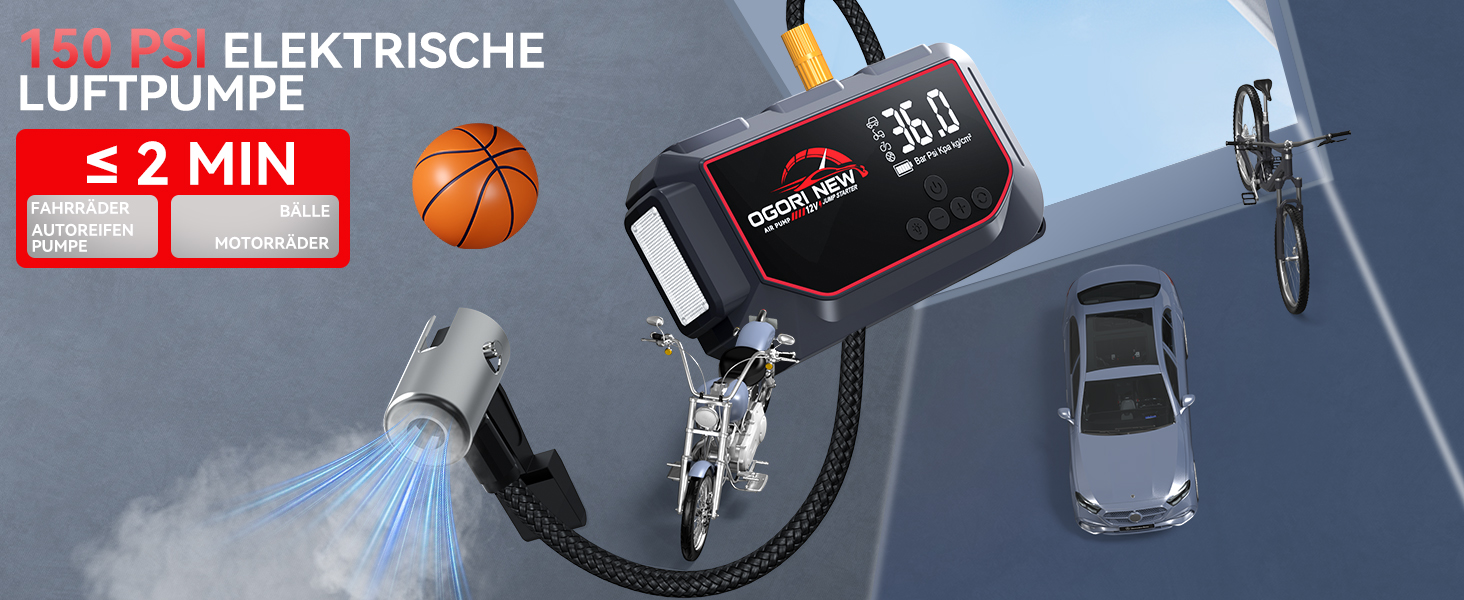 Портативний пусковий пристрій OGORI K33 з компресором 150 PSI та LED ліхтариком для автомобілів 12V (бензин 8L/дизель 10L)