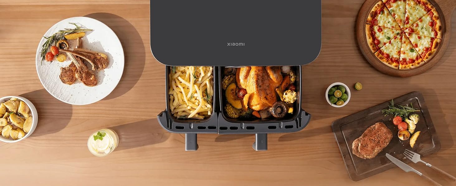 Фритюрниця Xiaomi Dual Zone 10л, 2 камери (3.5л + 6.5л), 230°C, синхронізація, 9 режимів, 2700W, без олії, сенсорне управління, чорна
