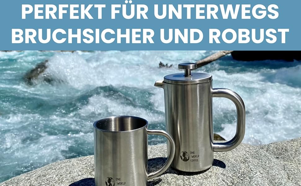 Набір для приготування кави One World Coffee® French Press та чашка з нержавіючої сталі, подарунковий набір для відпочинку на природі