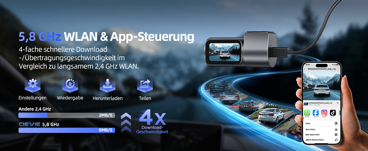 Dashcam CIEVIE C200: 4K, IPS 1.5', WiFi 5G, 64GB, 360° обертання, WDR, Нічне бачення, Паркування 24/7, G-сенсор, Loop, 170°