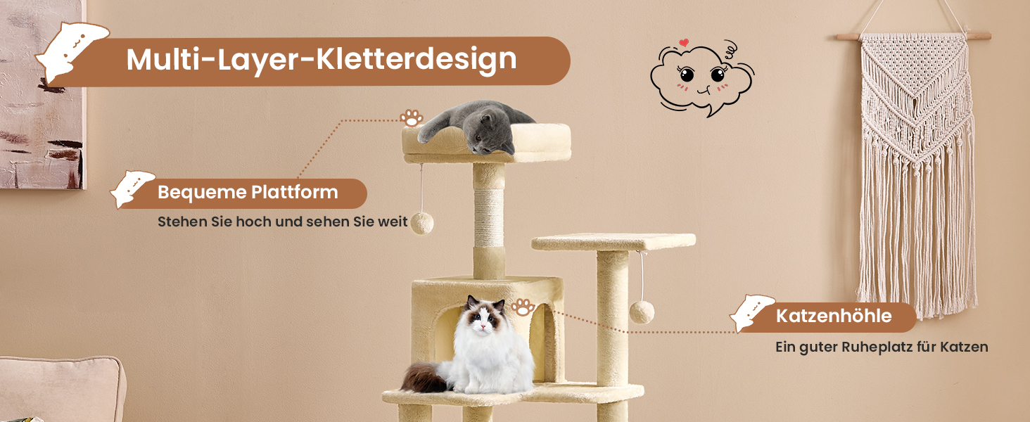 Кігтеточка для котів MSmask велика, багатоповерхова, з платформами, гамаком та сизалевими стовпчиками (бежева)