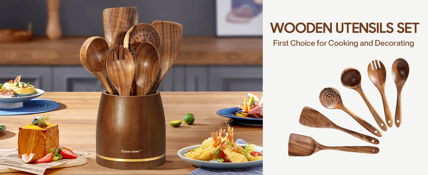 Набір дерев'яних лопаток для приготування їжі Spardar (7 шт.) - лопатки, шумовки, сита, ложки для салату