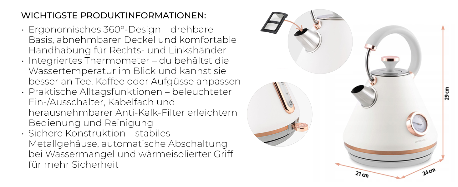 Елегантний чайник Berdsen BD-701 з термометром, 1.7L, чорний