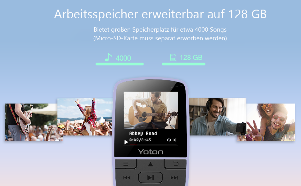 MP3-плеєр YOTON з Bluetooth 5.2, Hi-Fi звук, FM-радіо, диктофон, регулятор гучності, навушники, підтримка SD до 128 ГБ, фіолетовий