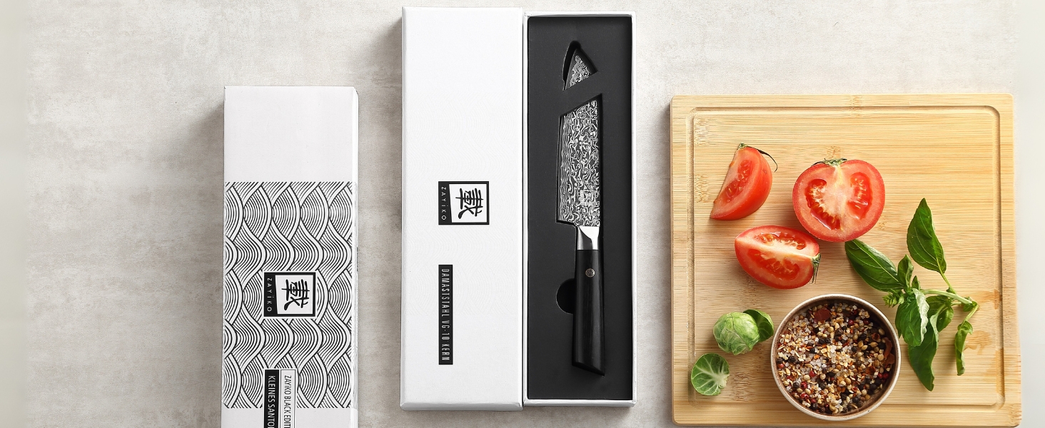 Ніж кухонний Zayiko Black Edition Santoku, сталь VG10 дамаск, 13 см, рукоять Pakkaholz, преміум