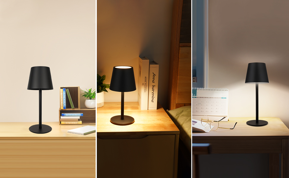 Світлодіодна настільна лампа бездротова з сенсорним керуванням, USB-C, димування, акумуляторна, 3 режими температури, регульована висота, IP54 водонепроникна для ресторану, спальні, бару, вулиці - Чорна