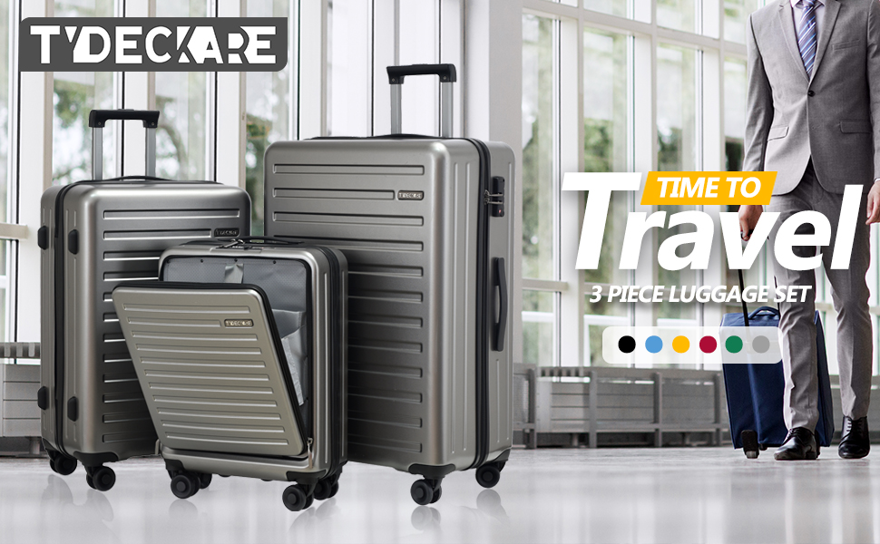 Набір валіз TydeCkare 20/28' (55/66/76 см): 20' ручна валіза з кишенею для ноутбука, 28' велика валіза 101л, ABS+PC, з TSA замком, помаранчевий (темно-сірий), 3 шт.