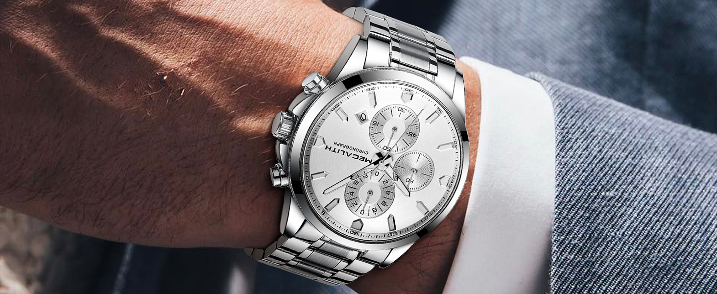 Чоловічий годинник MEGALITH з нержавіючої сталі, хронограф, водостійкий, аналоговий годинник для бізнесу, з календарем та підсвічуванням (B-silber-an)