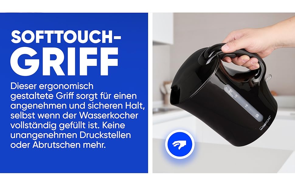 Електричний чайник Clatronic® WK 3819, 1.7 л, автоматичне/ручне вимкнення, фільтр від накипу, 2200 Вт, чорний (Модель 2024)