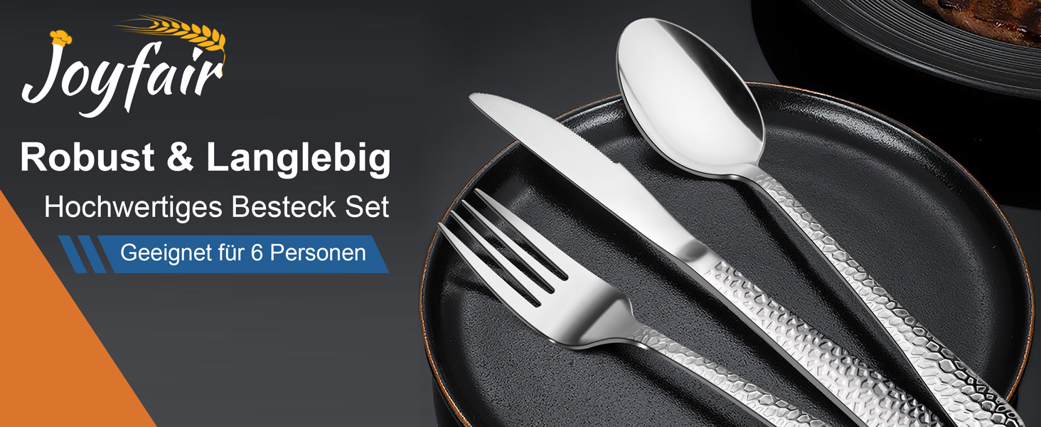 Набір столових приборів Joyfair на 6 осіб (30 предметів), нержавіюча сталь, молоткова обробка, ніж, виделка, ложка, елегантний столовий прибор для дому/вечірки/ресторану, високоглянцевий, придатний для миття в посудомийній машині