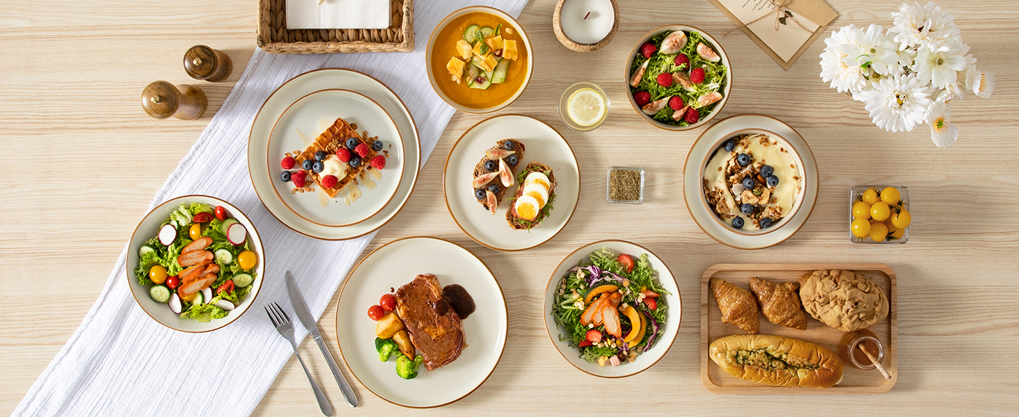 Набір посуду на 6 осіб Vancasso RENO 24 шт. з каменю, сучасний сервіз: тарілки для їжі, супу, десерту, миски. Підходить для миття в посудомийній машині та для використання в мікрохвильовій печі (Бежевий)