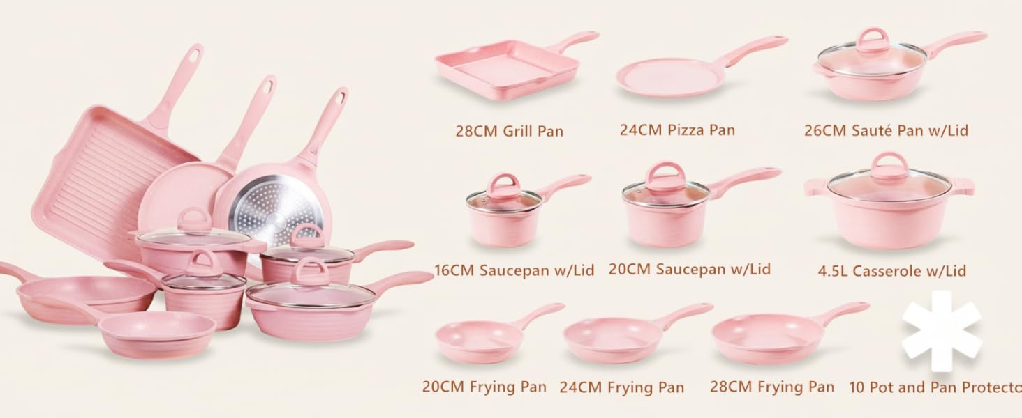 Набір посуду JEETEE 23 шт. з антипригарним гранітним покриттям, для всіх плит (індукція), з кришками, рожевий (ідеально як подарунок на новосілля)