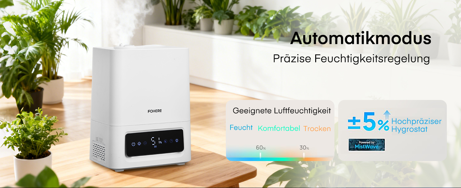 Зволожувач повітря FOHERE 6L для великих приміщень, 60 годин холодного туману, тихий зволожувач для дитячої кімнати, спальні, рослин, 28dB, точний датчик вологості, 16 годин таймер, аромадифузор, білий