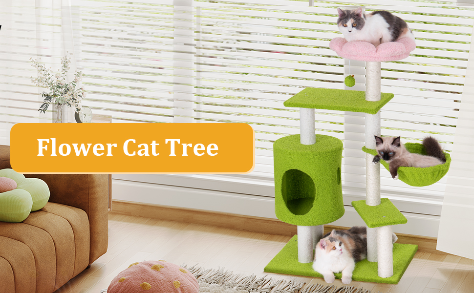 Кігтеточка-будинок для котів з квітами, 104 см, зелено-рожевий. Багатоповерхова кігтеточка з гамаком та будиночком.