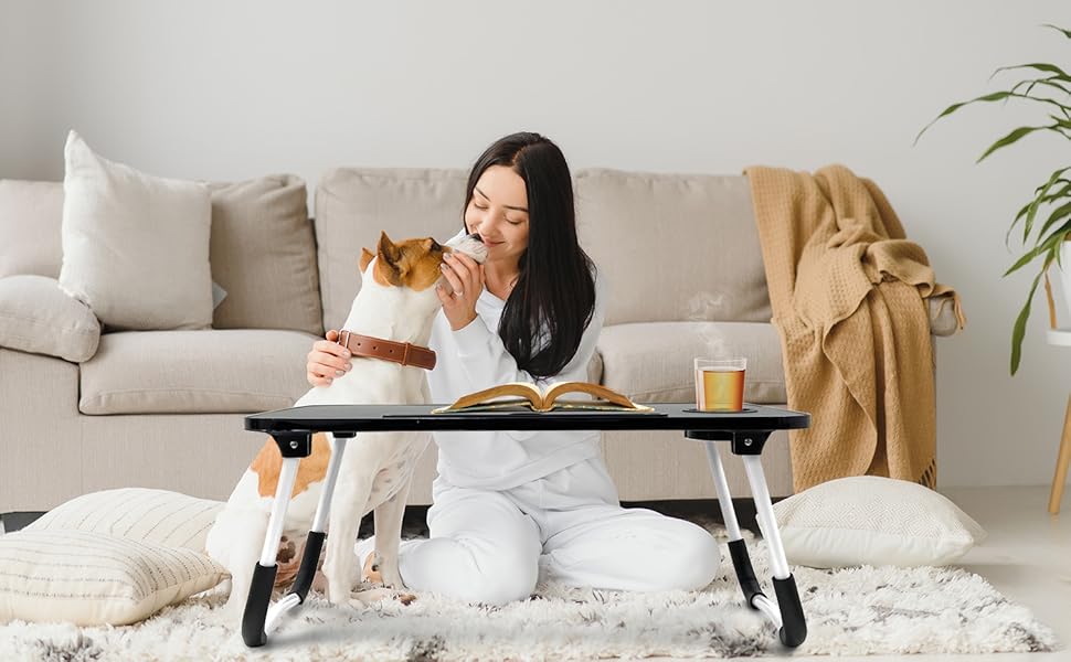 Стіл для ноутбука в ліжко, складаний, портативний: стіл для читання, піднос для сніданку, стіл для ноутбука, з тримачем для напоїв, 60 x 40 см, чорний