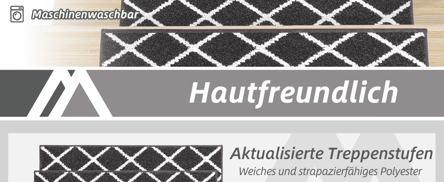 Комплект килимків для сходів COSY HOMEER (15 шт.), 70 x 22 см, антиковзаючі, самоклеючі, машинне прання, 100% поліестер, TPE-підкладка, для дітей, літніх людей та домашніх тварин, чорно-білі