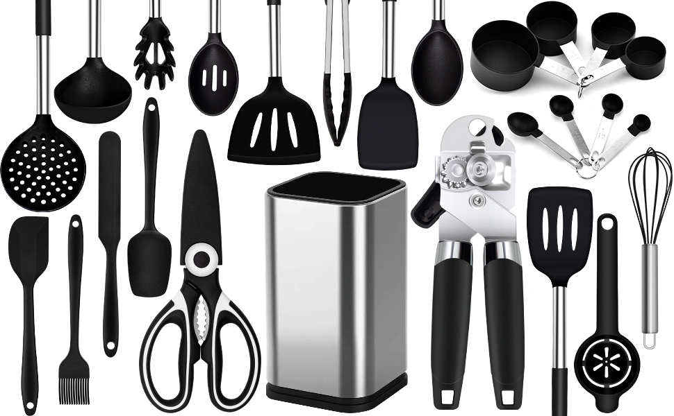 Kitchen Helper Set, 26-Piece Silicone Kitchen Utensils Set, Heat-Resistant Cookware with Utensil Holder, Silicone Spatulas, Cooking Spoons, Anti-Stick Spatulas, BPA Free, Dishwasher Safe, Black