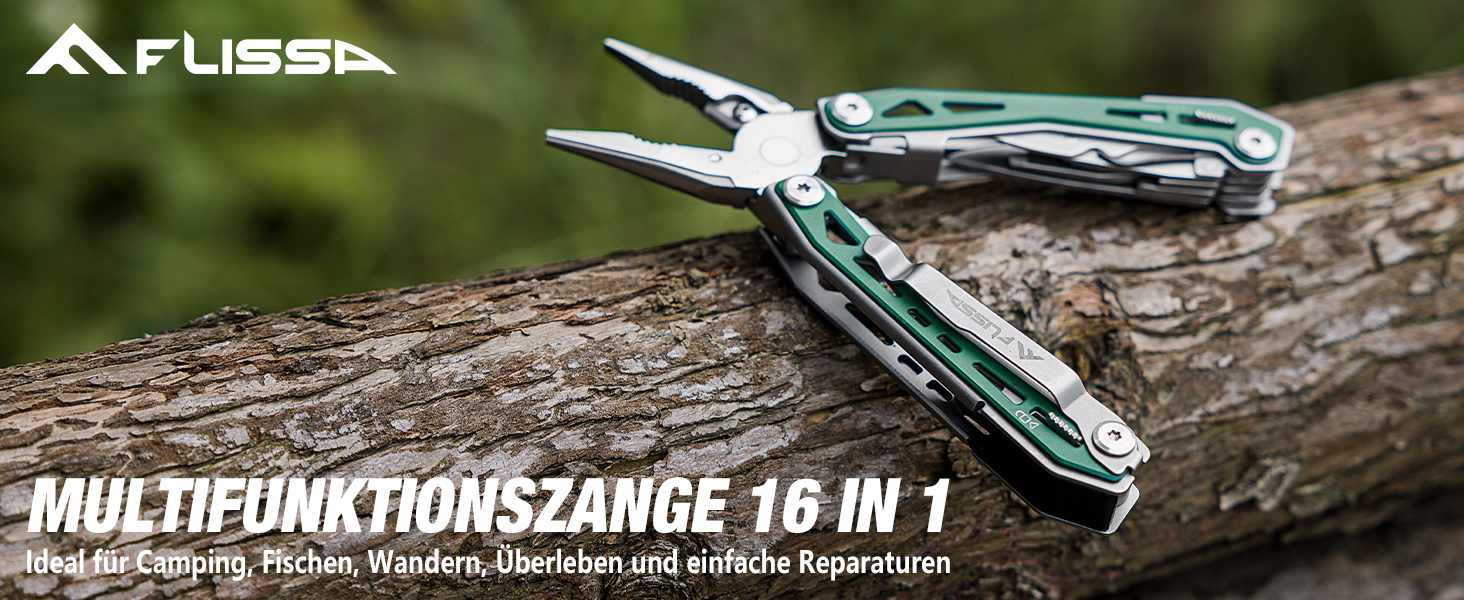 Мультитул FLISSA 16-в-1: мультиінструмент з нержавіючої сталі з ножем, ножицями, пилкою, відкривачкою для пляшок. Ідеально для кемпінгу, відпочинку на природі та ремонту. У комплекті сумка. Матовий зелений.