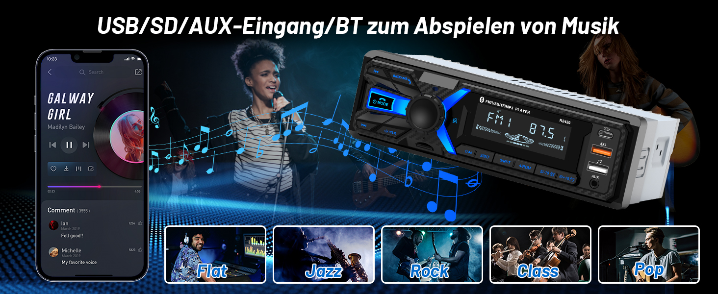 Автомагнітола Wistrue 1DIN з Bluetooth, FM/AM, USB/SD, AUX, MP3, Type-C, чорна