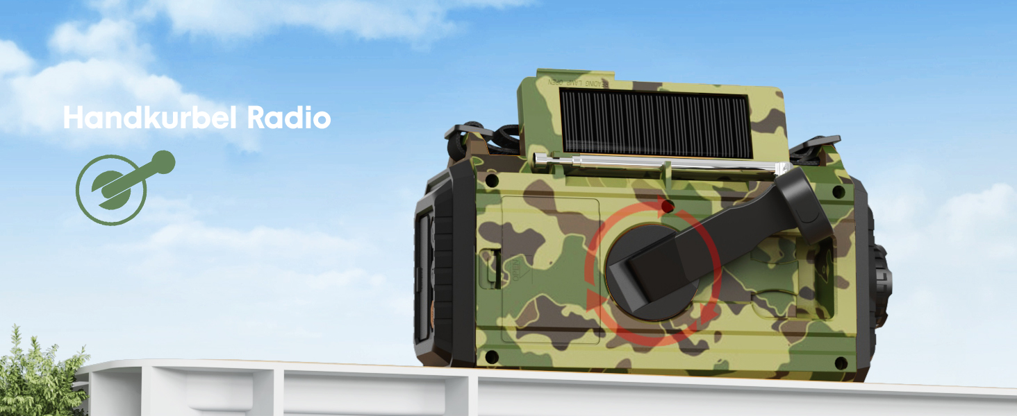 Радіо Kurbelradio на сонячній батареї та з ручкою, 12000mAh, AM/FM/SW, USB-зарядка, SOS-сигнал, ліхтарик, для кемпінгу та надзвичайних ситуацій, зелений камуфляж