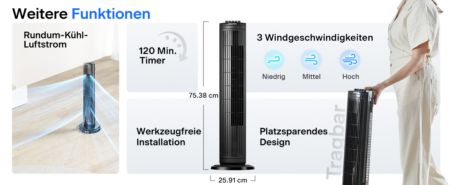 PELONIS 76 см Турбовентилятор з осциляцією, 3 швидкості, таймер 8H, тихий та компактний для дому/офісу (чорний)
