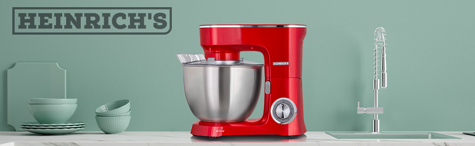 Кухонна машина Heinrichs 2500W з подвійним гаком для тіста, міксером та вінчиком, 8 швидкостей, чаша 8л з нержавіючої сталі, тиха, червона