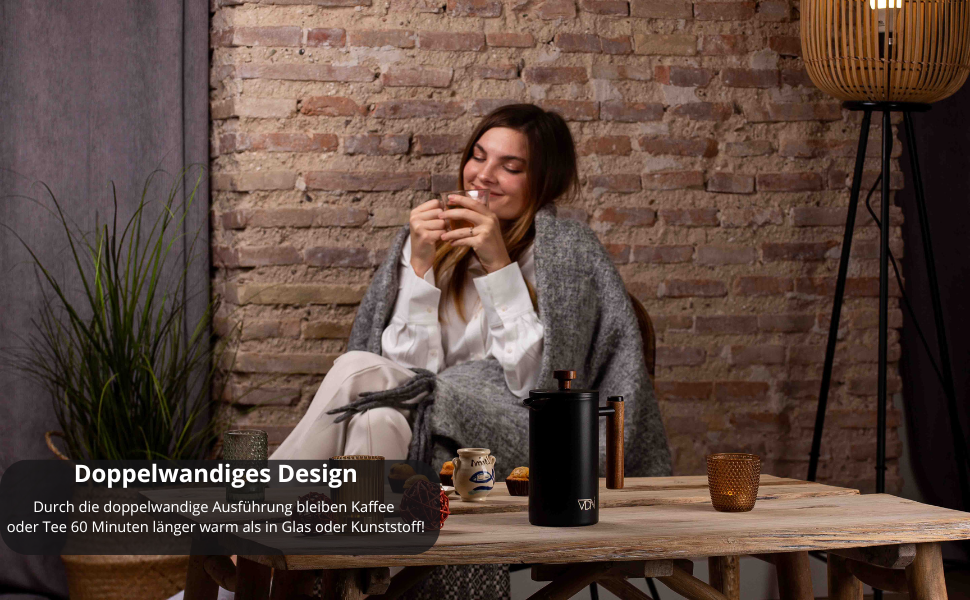 Френч-прес VDN з нержавіючої сталі - 700 мл, 5-6 чашок. Термофренч-прес з подвійними стінками, 3-х рівнева фільтрація, чорний колір