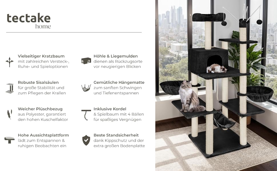 Тектейк® XXL Драбина-кіготь для котів, велика, з аксесуарами: лежанки, гамак, будиночок, іграшки, мотузка з сизалю, ствол для шліфування, кіготь для котів, драбина-кіготь для котів. Висота приблизно 165 см - сірий (Чорний | № 402933)