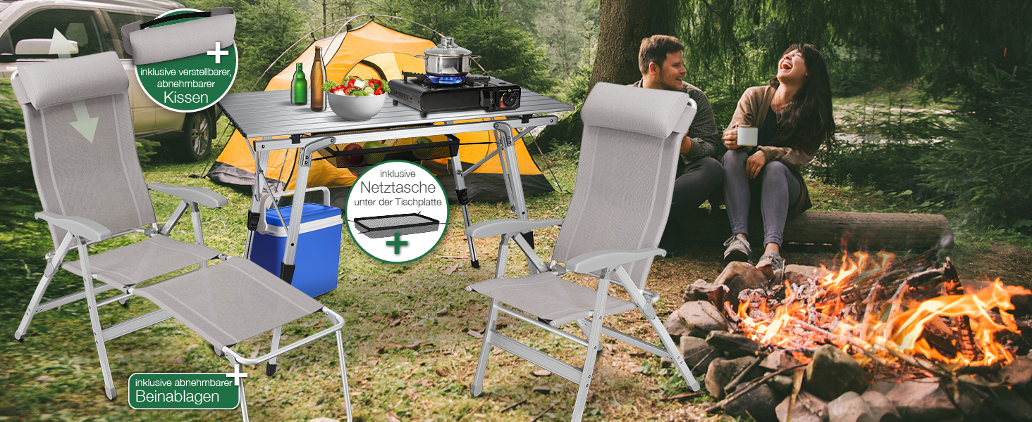 ELONEO Folding Camping Chair with Removable Footrest, Folding Chair Made of Aluminum, Folding Garden Chair, Reclining Chair with Adjustable Backrest, Taupe Camping Chair with Footrest (Basic) Taupe