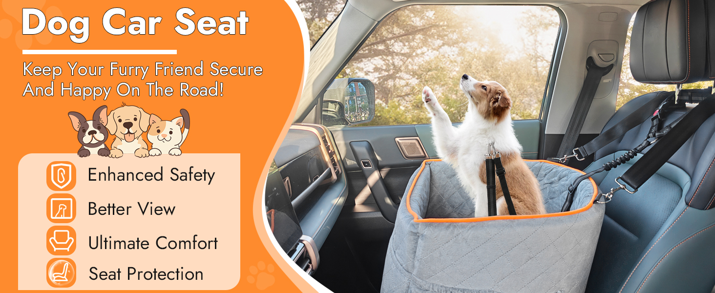Memory Foam Dog Car Seat for Small Dogs (Under 11kg) - Elevated Design with Storage Pockets (Gray)