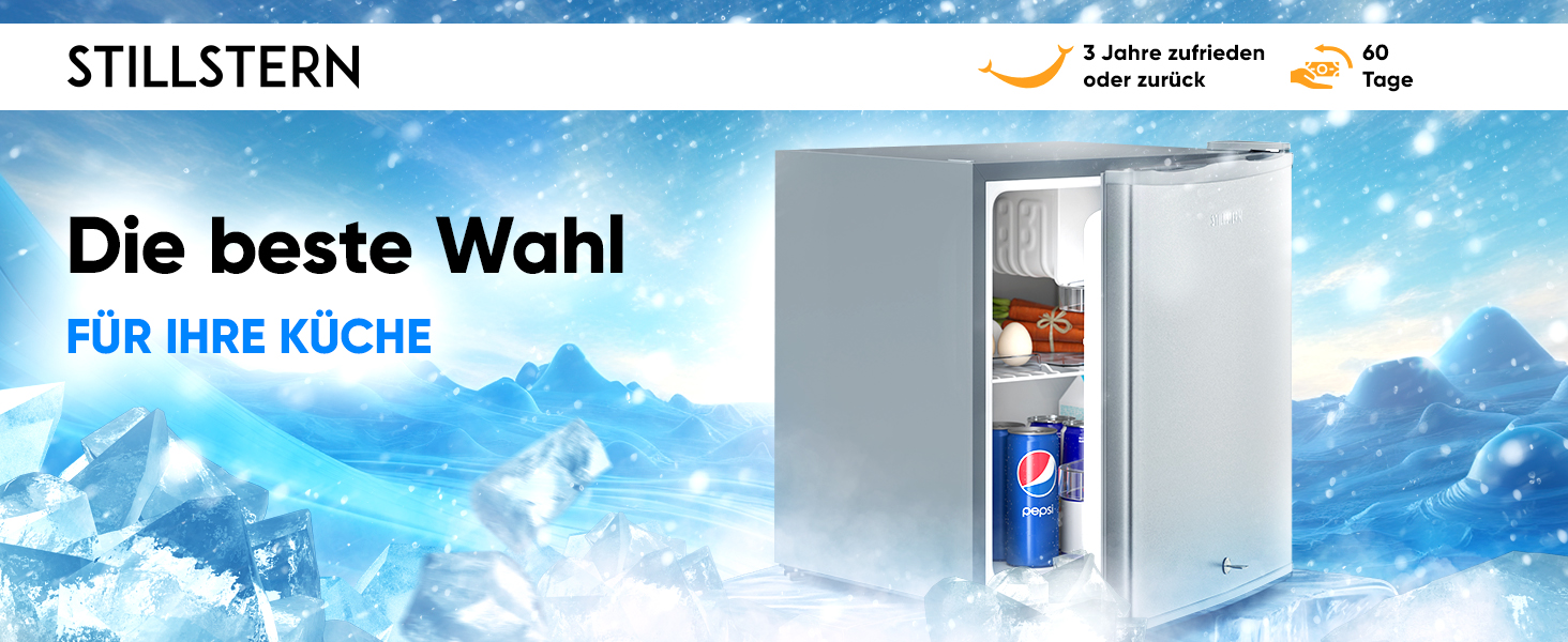 Міні-холодильник Stillstern E 45 л з автоматичною відтавкою, замком, морозильною камерою, тихий, для кухні, офісу, спальні, готелів та маленьких квартир. Холодильник міні, мінібар R600A, срібний