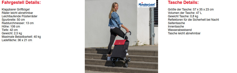 Сумка-шопер на колесах ANDERSEN Scala Shopper Hera — червоний візок-сходи climbs