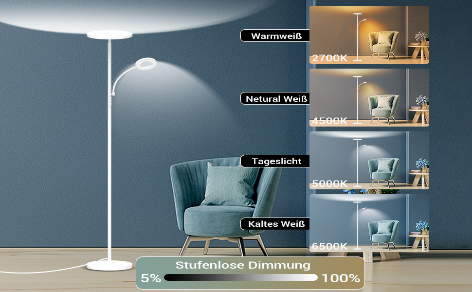 Стельова LED-лампа Stehlampe для вітальні, 4200LM, з регулюванням яскравості та пультом керування, сучасний дизайн, 42W, білий колір