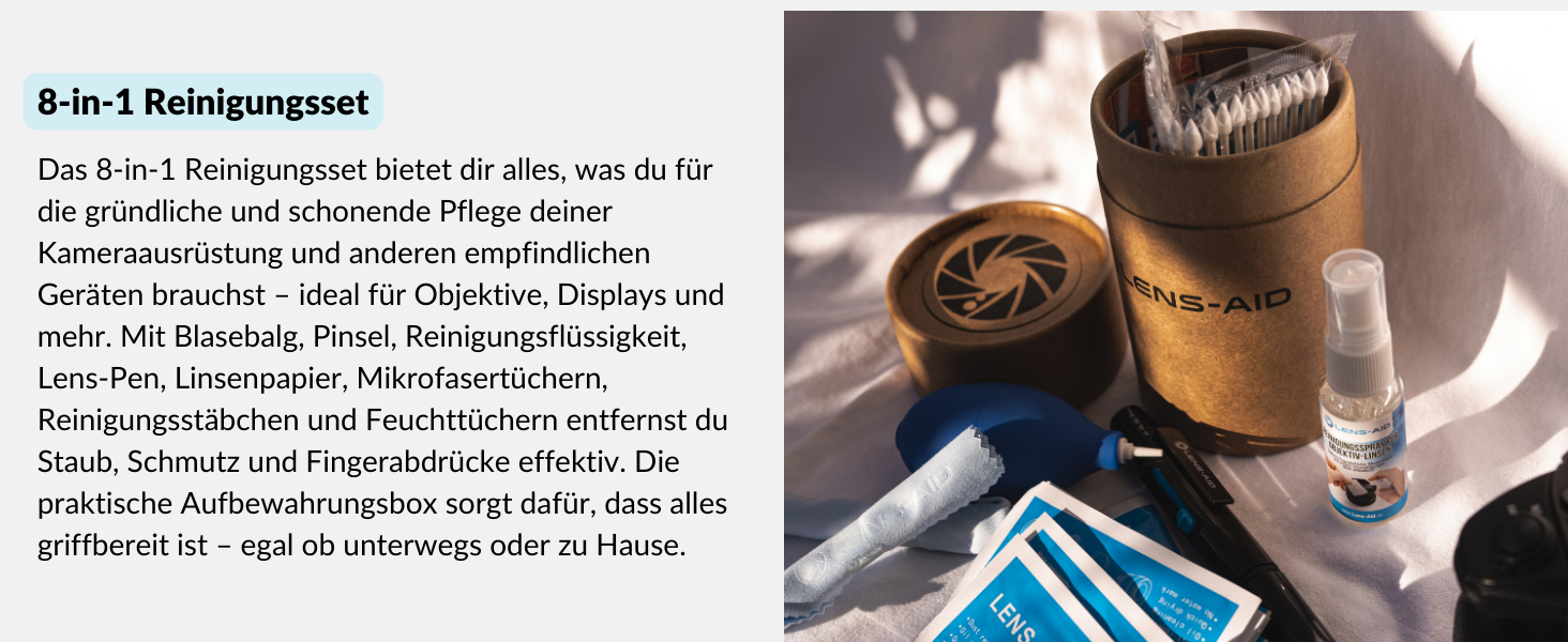 Набір для чищення камери 8-в-1 LENS-AID: для повноформатних, APS-C камер та об'єктивів. Включає рідину для чищення, мікрофібру, стайки, вологі серветки, пензлик, повітряний насос та інше