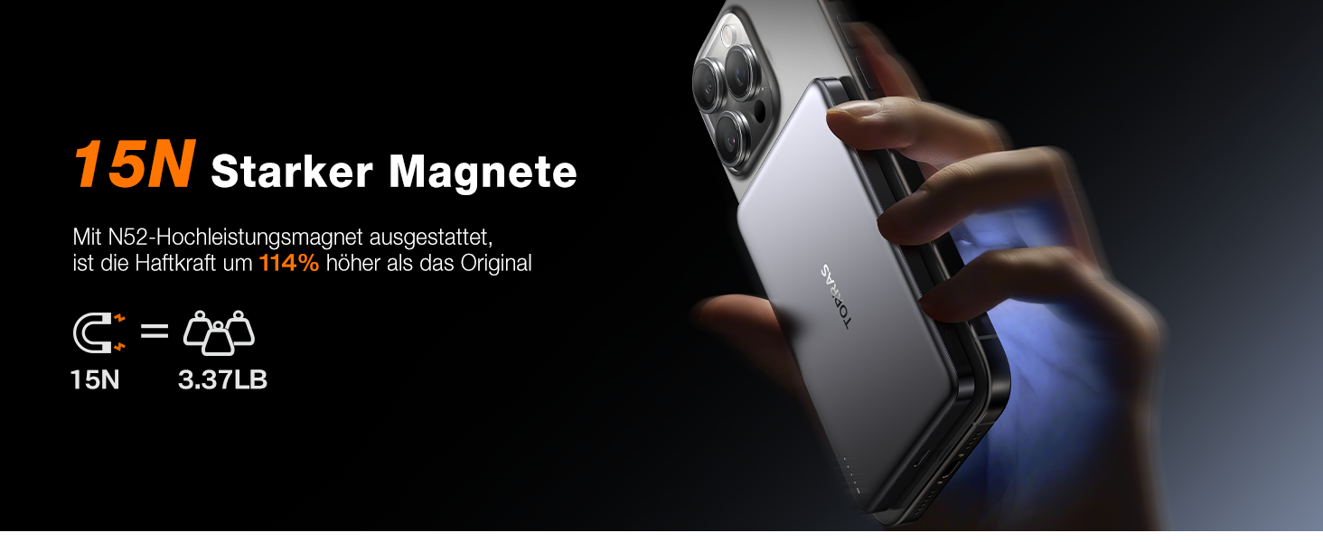 Портативний зарядний пристрій TORRAS MiniMag Qi2 з MagSafe, 10000mAh, сертифікований Qi2, магнітний, з кабелем USB-C 30W, бездротовий зарядний пристрій 15W для iPhone 17 Pro Max/Air/12-16, AirPods, сірий, титан