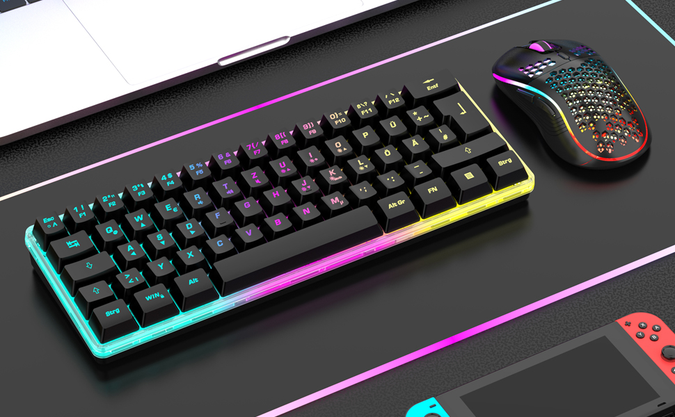 RedThunder Бездротовий ігровий комплект клавіатури та миші 60%, QWERTZ DE, для PC, MAC, PS5, Xbox, офісу. Чорний