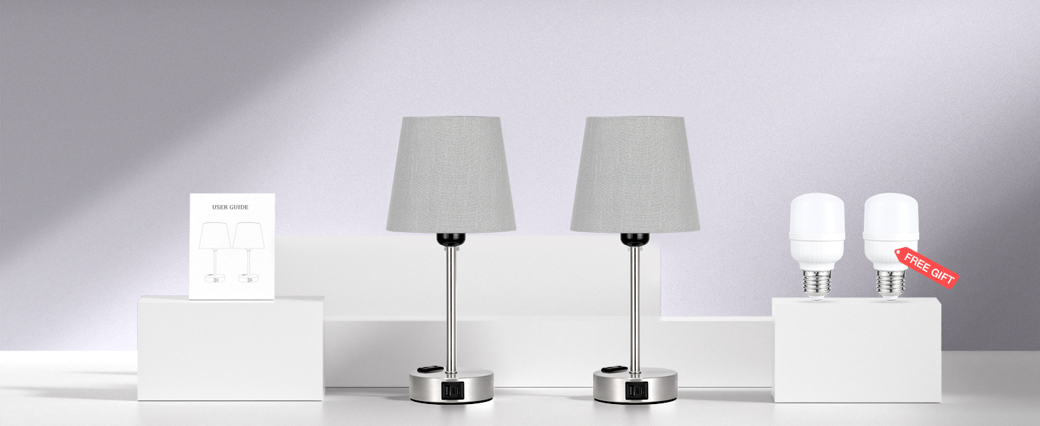 Настільна лампа Kakanuo з торшетом, 2 шт., з USB-портами та диммуванням, для спальні, вітальні, дитячої кімнати, офісу, тканинний абажур, колір: сірий-сріблястий