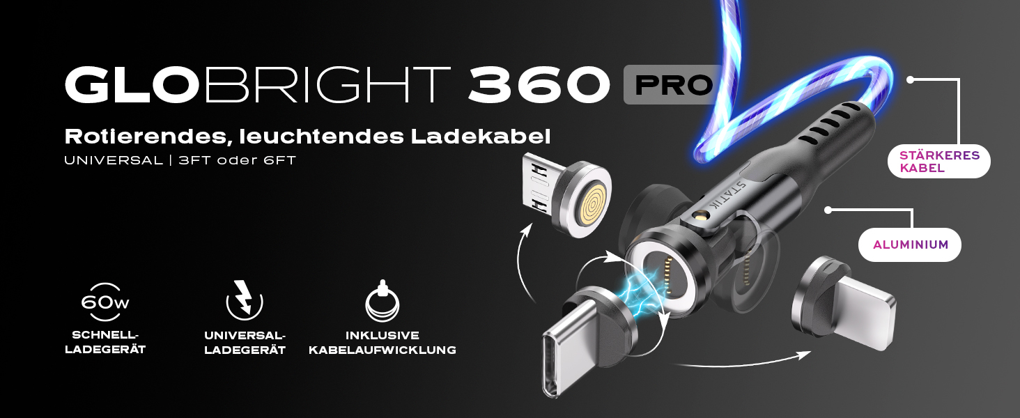 LED кабель Statik GloBright 360 Pro 2. Gen з підсвічуванням, USB-C, кут повороту 90°, 180°, 360°, 1 м, iProdukt
