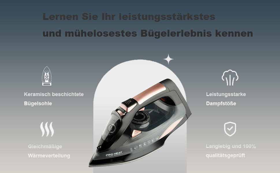 Праска 3000W з керамічною підошвою - праска з парою, самоочищення, резервуар 340мл, автоматичне вимкнення (чорна)