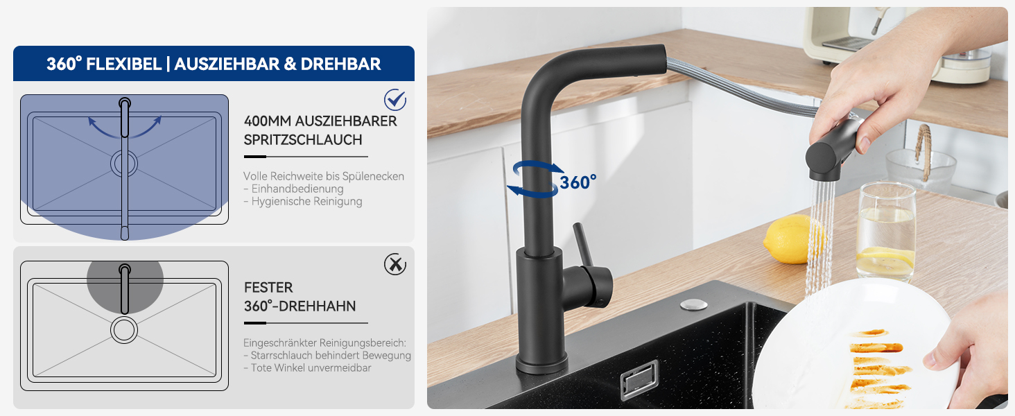 Змішувач кухонний CECIPA висувний з душем, нержавіюча сталь, 2 режими, 360° оберт, матовий чорний