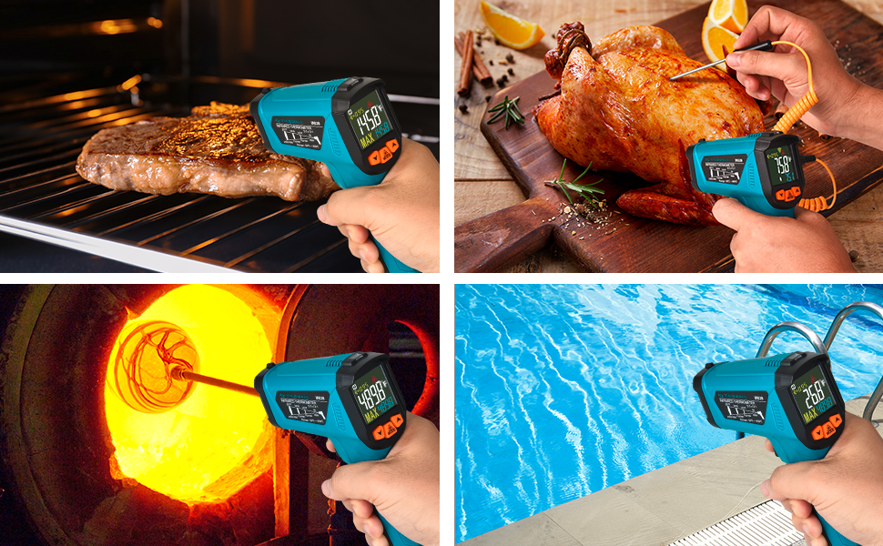 Інфрачервоний термометр Tilswall для промисловості та кулінарії (-50°C ~ 800°C) з лазерним цільовим прицілом та датчиком температури для м'яса