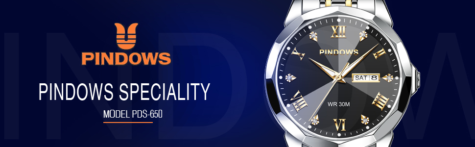 Годинник чоловічий PINDOWS Luxus Quarz з датою та великим циферблатом, водонепроникний, стильний бізнес-годинник. Елегантний двоколірний класичний годинник з нержавіючої сталі з підсвічуванням та календарем. Артикул: De650n2. Срібний браслет, чорний циферблат.