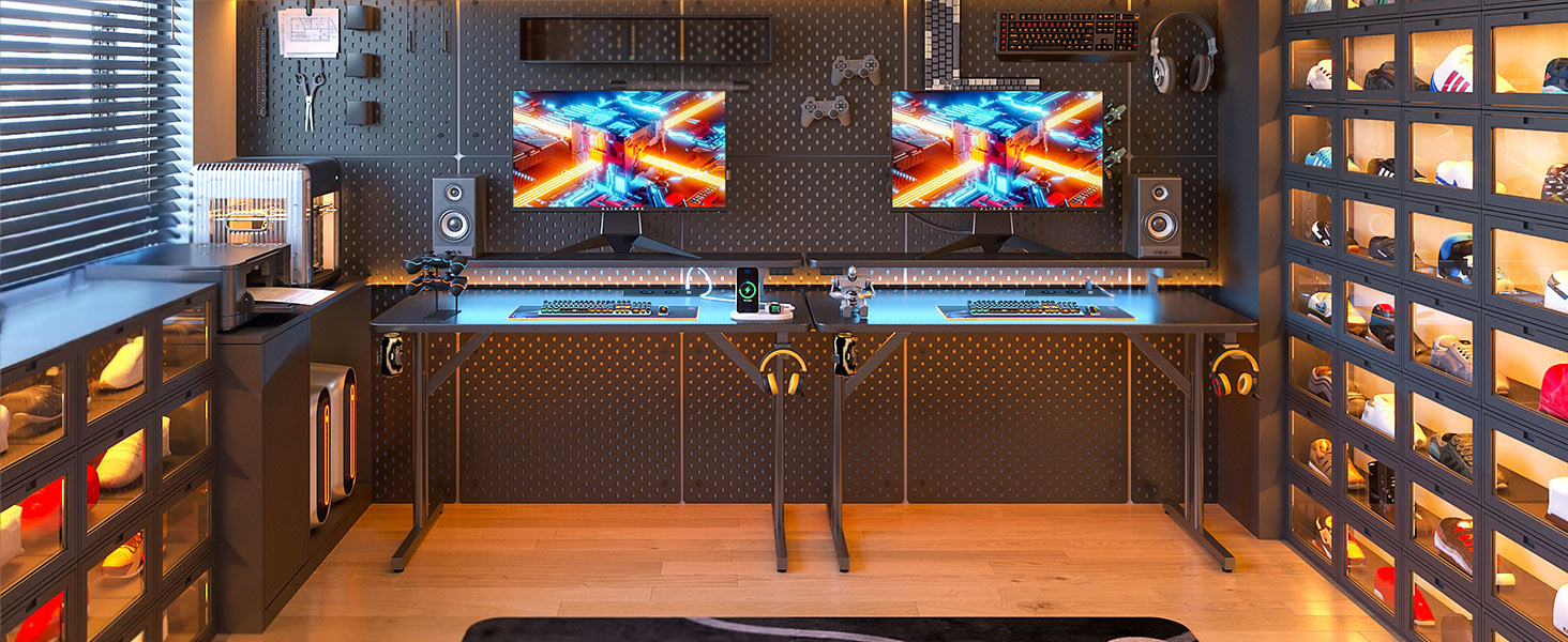 Small LED Gaming Desk with Power Outlets - 80cm Carbon Fiber PC Gamer Table