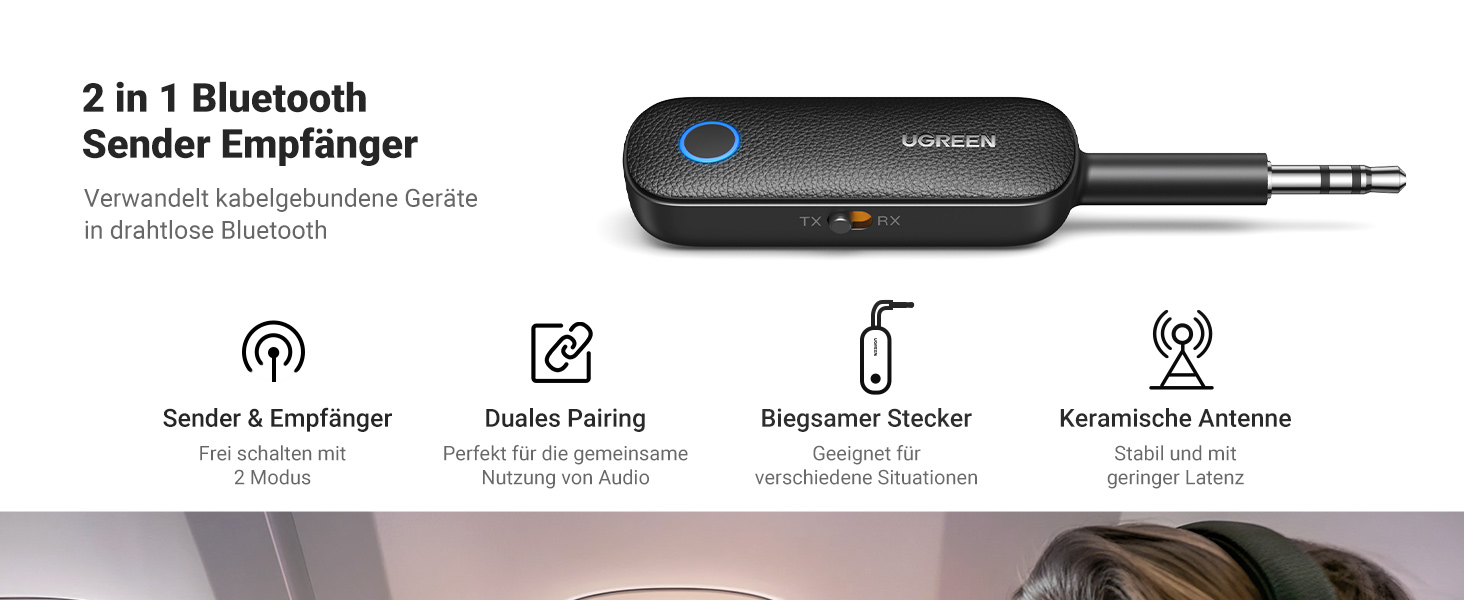 Bluetooth адаптер UGREEN 2-в-1 (передавач та приймач) для літака та аудіосистем, комплект 2 шт.