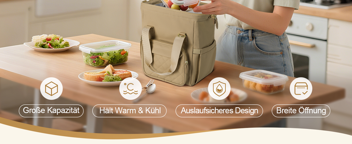 Термосумка 20 л, водонепроникна ізольована сумка/ланч-сумка з великим отвором, виготовлена з витокостійкого матеріалу PEVA, з кількома відділеннями та плечовим ременем – для роботи, школи, автомобіля, пікніка (Хакі)