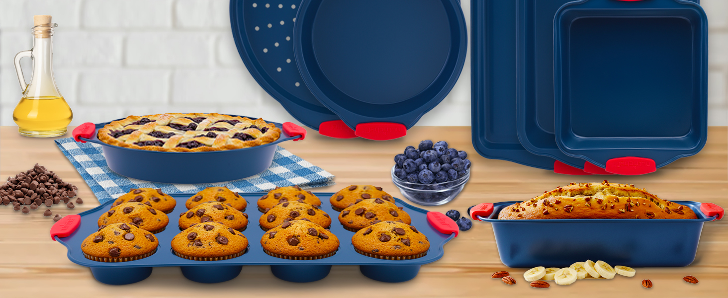 Набір форм для випічки Nutrichef 10 шт. з антипригарним покриттям – для випікання солодкого (печиво) та солодкого (піца). Форми для випічки з вуглецевої сталі, без PFOA та PTFE, з силіконовими ручками (круглі та квадратні).