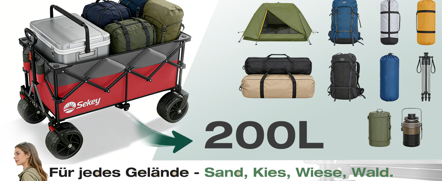 Універсальний візок Sekey XXL Plus 200L/200кг: Складаний, гальмівний, позашляховий, червоно-сірий, колеса 10 см