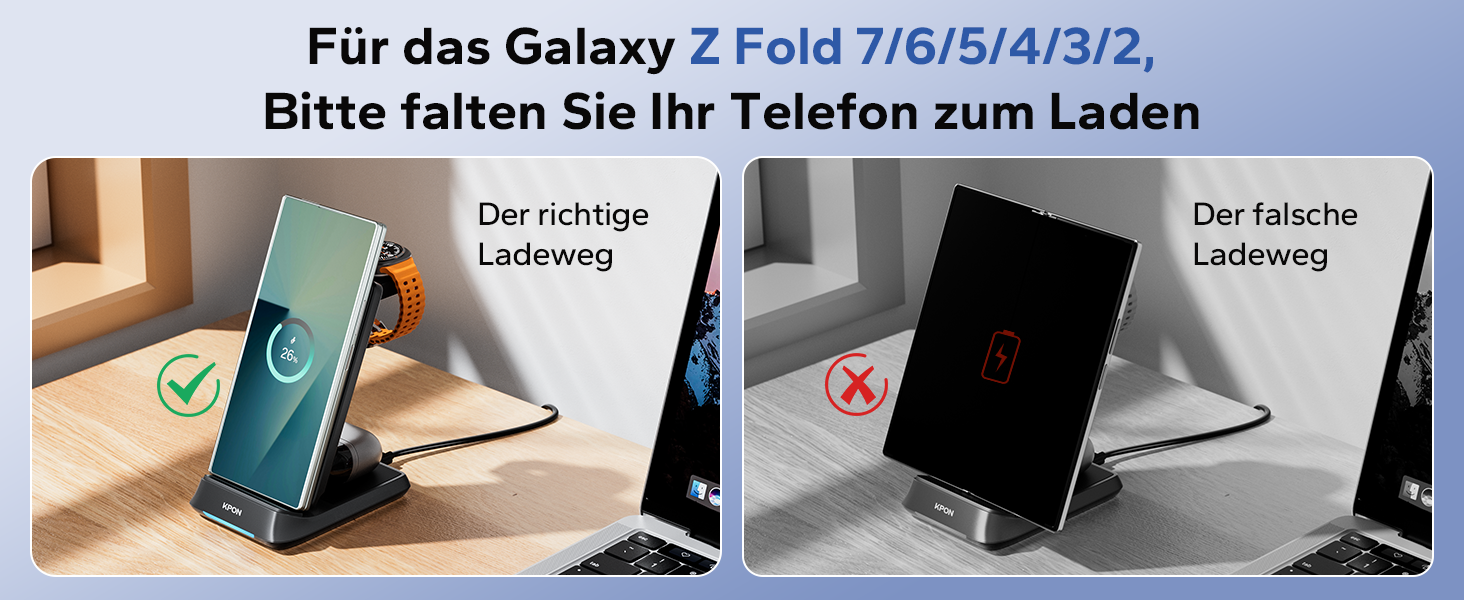 Бездротова зарядна станція 3-в-1 KPON для Samsung Galaxy Watch та смартфонів (S26/S25/S24/S23/S22/Z Flip/Fold, Buds) - Чорна, складна, індуктивне заряджання