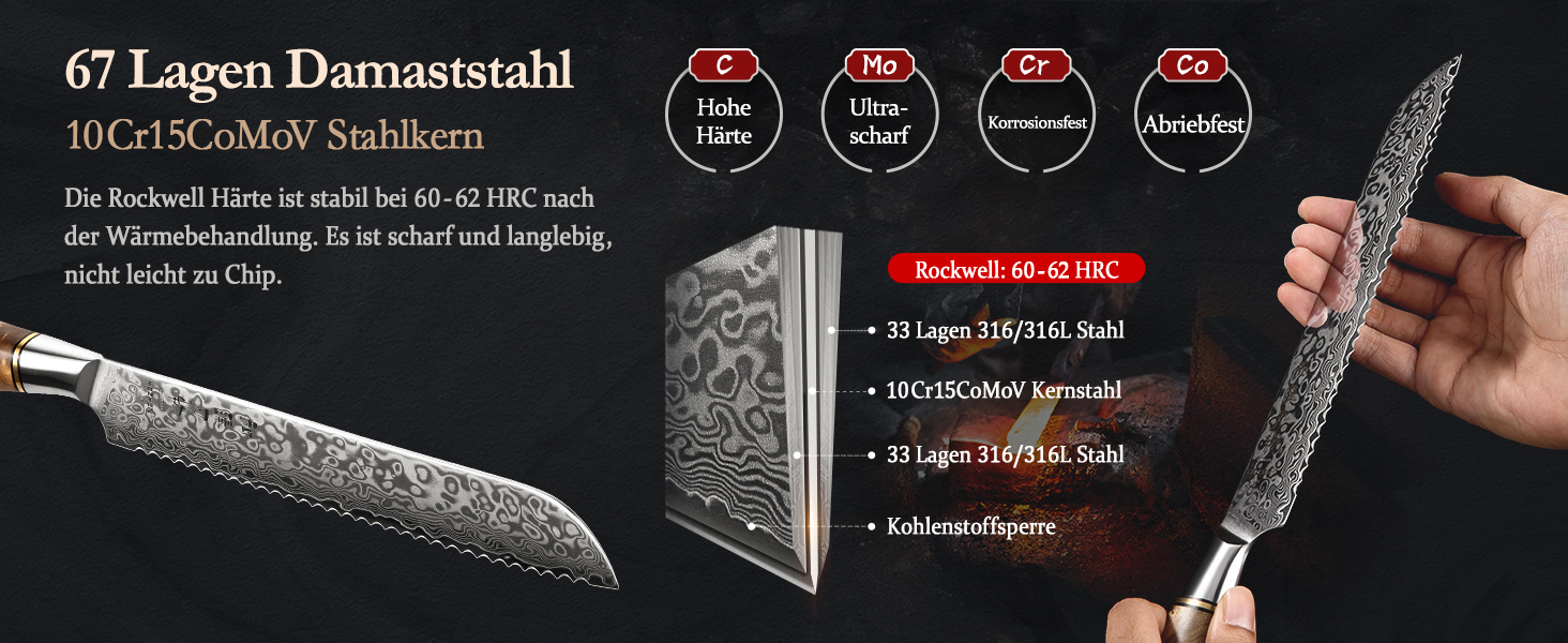 HEZHEN Кухонний ніж Gyuto 21см з дамаської сталі VG10, професійний, з ручкою з берези, для дому та ресторану