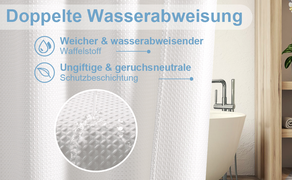 Штора для ванної кімнати Waffel з кільцями, 182x182 см, біла - водовідштовхувальна, анти-грибок